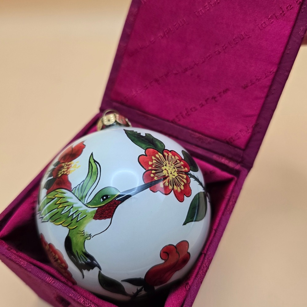 Ruby Throated HummingBird Inside Painted Ornament w/ Silk Box VTG Holiday Decor